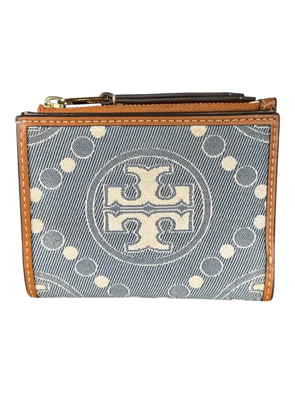 Tory Burch Blue Denim Logo Compact Wallet with Tan Trim